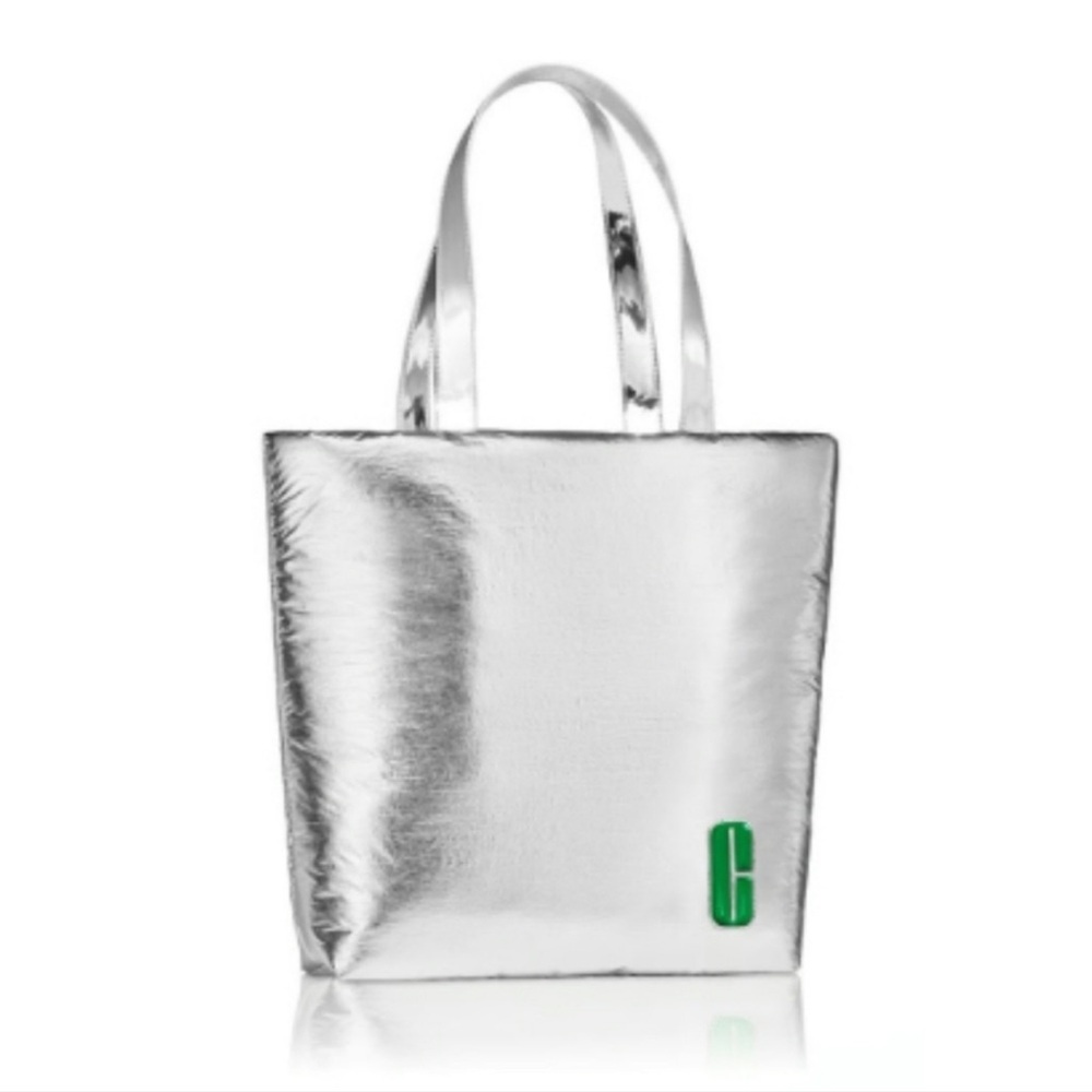 Clinique Metallic Silver puffer Tote